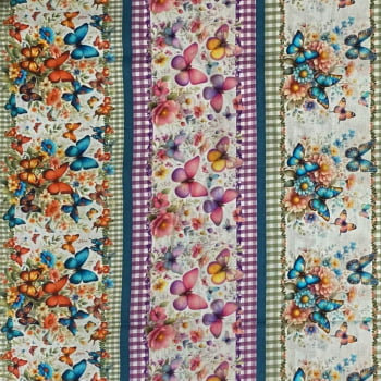 Tecido Tricoline Digital Barrados Buquê de Borboletas Colorido