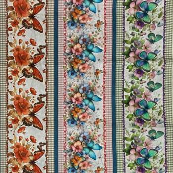 Tecido Tricoline Digital Barrados Buquê de Borboletas Colorido