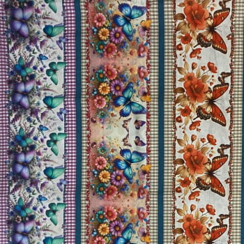 Tecido Tricoline Digital Barrados Buquê de Borboletas Colorido