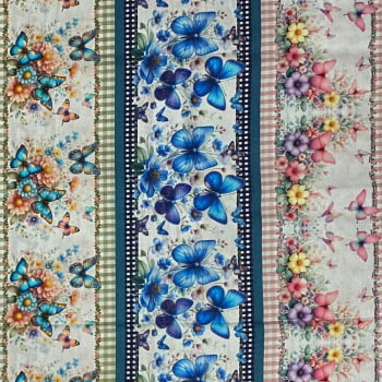 Tecido Tricoline Digital Barrados Buquê de Borboletas Colorido