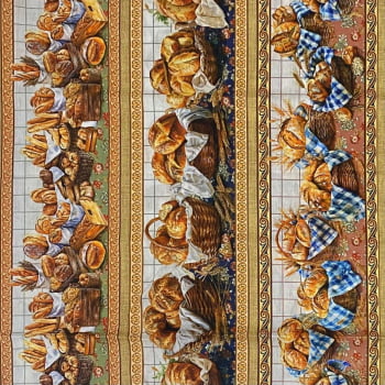 Tecido Tricoline Digital Barrados Café com Pães