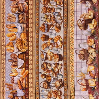 Tecido Tricoline Digital Barrados Café com Pães