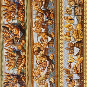 Tecido Tricoline Digital Barrados Café com Pães