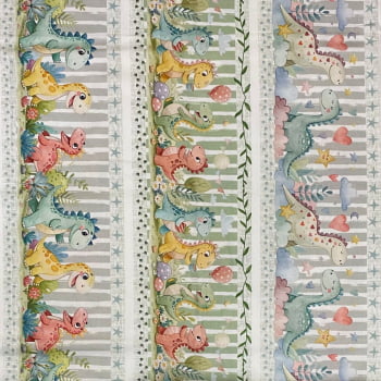 Tecido Tricoline Digital Barrados Festa dos Dinossauros Coloridos