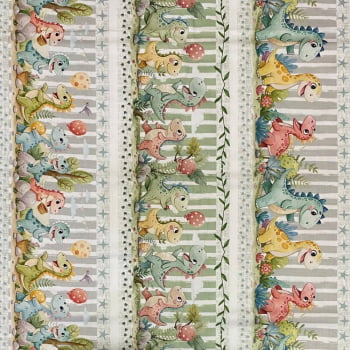 Tecido Tricoline Digital Barrados Festa dos Dinossauros Coloridos