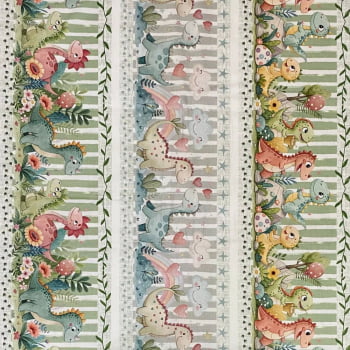 Tecido Tricoline Digital Barrados Festa dos Dinossauros Coloridos