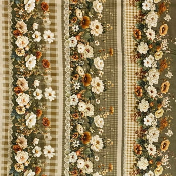 Tecido Tricoline Digital Barrados Floral Cores Vintage