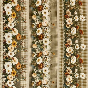 Tecido Tricoline Digital Barrados Floral Cores Vintage