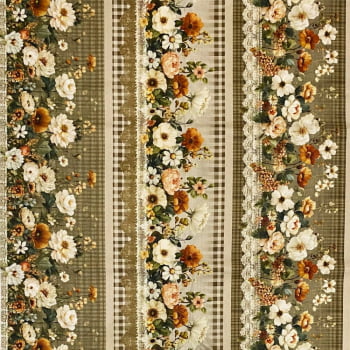 Tecido Tricoline Digital Barrados Floral Cores Vintage