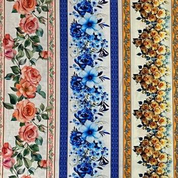 Tecido Tricoline Digital Barrados Floral Rosas Coloridas