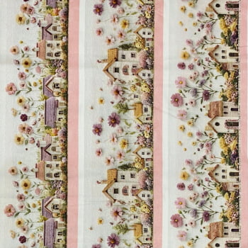 Tecido Tricoline Digital Barrados Vila Floral Delicada 3D