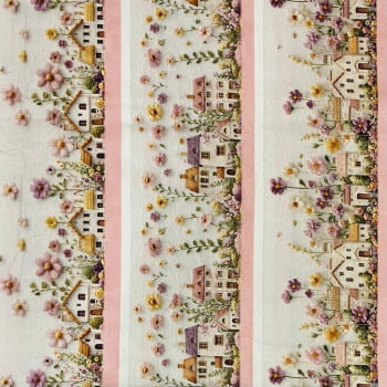 Tecido Tricoline Digital Barrados Vila Floral Delicada 3D