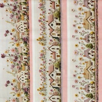 Tecido Tricoline Digital Barrados Vila Floral Delicada 3D