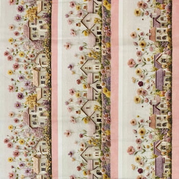 Tecido Tricoline Digital Barrados Vila Floral Delicada 3D