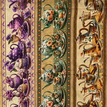 Tecido Tricoline Digital Barrados Xicaras Coloridas Floridas