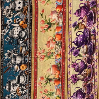 Tecido Tricoline Digital Barrados Xicaras Coloridas Floridas