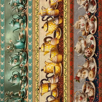 Tecido Tricoline Digital Barrados Xicaras Coloridas Floridas