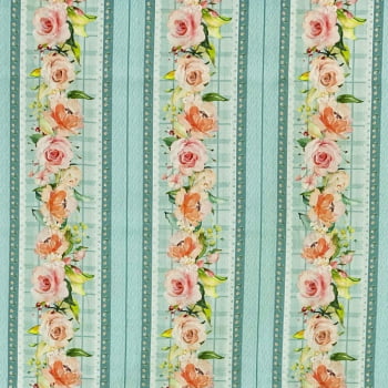 Tecido Tricoline Digital Trilho de Rosas Vintage Garden Azul