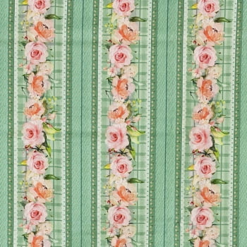 Tecido Tricoline Digital Trilho de Rosas Vintage Garden Verde
