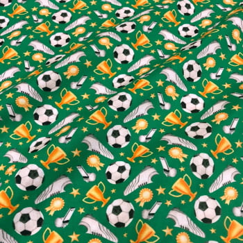 Tecido Tricoline Digital Copa do Mundo Bola Futebol Taça Chuteira Fundo Verde Tecido Tricoline Digital Copa do Mundo Bola Futebol Taça Chuteira Fundo Verde