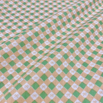 Tecido Tricoline Xadrez Mini Laços Laranja e Verde
