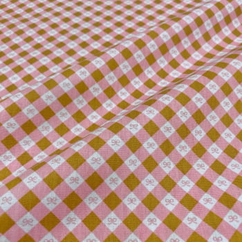 Tecido Tricoline Xadrez Mini Laços Rosa e Caramelo