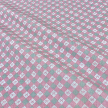 Tecido Tricoline Xadrez Mini Laços Rosa e Cinza