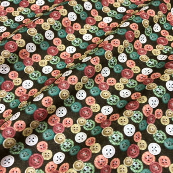Tecido Tricoline Digital Botões Coloridos Fundo Café (Costurando)  