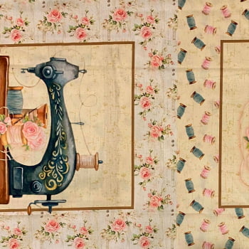 Tecido Tricoline Digital Painel Aplique Artigos de Costura Vintage Coleção Costureiras & Ateliê