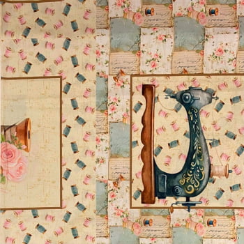 Tecido Tricoline Digital Painel Aplique Artigos de Costura Vintage Coleção Costureiras & Ateliê