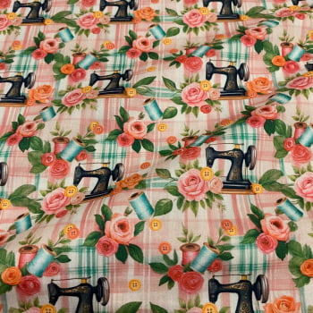 Tecido Tricoline Maquinas de Costura e Flores Fundo Xadrez 