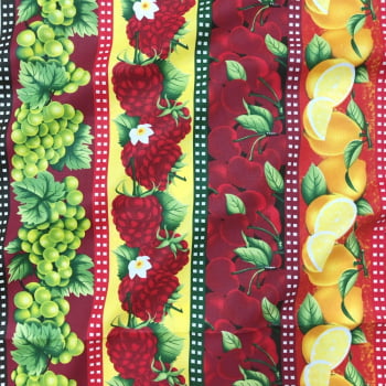 Tecido Tricoline Barrado Frutas Coloridas