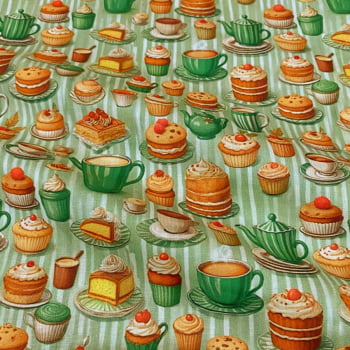 Tecido Tricoline Bolos Chás e Café Fundo Listras Verde