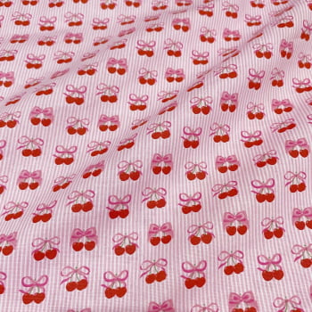 Tecido Tricoline Cerejas e Lacinhos Fundo Listras Rosa