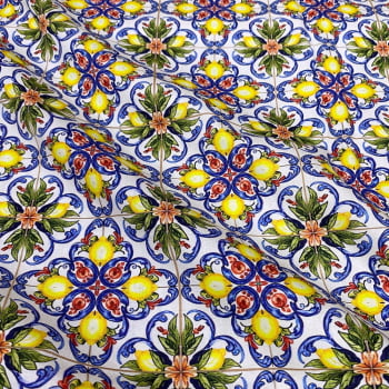 Tecido Tricoline Digital Azulejo Limão Siciliano Coleção Italian Tile Tecido Tricoline Digital Azulejo Limão Siciliano Coleção Italian Tile