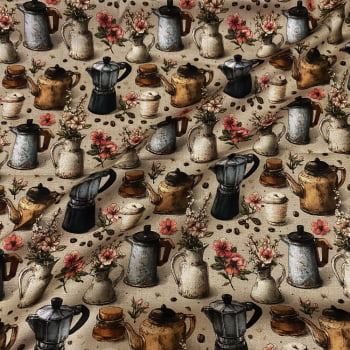 Tecido Tricoline Digital Cafeteiras e Chaleiras de Café Coleção Café com Canela Tecido Tricoline Digital Cafeteiras e Chaleiras de Café Coleção Café com Canela