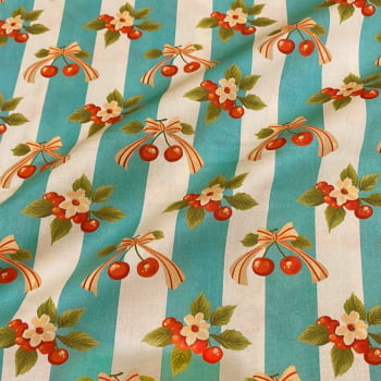 Tecido Tricoline Digital Cerejas Listras Grandes Coleção Cherry Bow