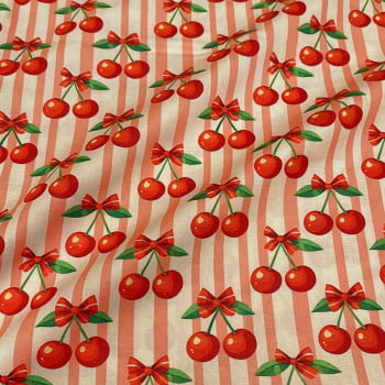 Tecido Tricoline Digital Cerejas Listras Pequenas Coleção Cherry Bow