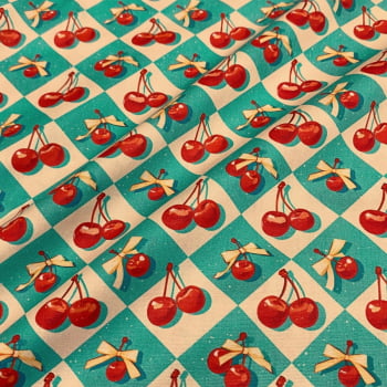 Tecido Tricoline Digital Cerejas Losangos Coleção Cherry Bow 