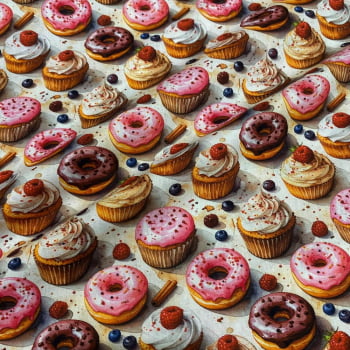 Tecido Tricoline Digital Donuts e Cupcakes Fundo Branco Tecido Tricoline Digital Donuts e Cupcakes Fundo Branco