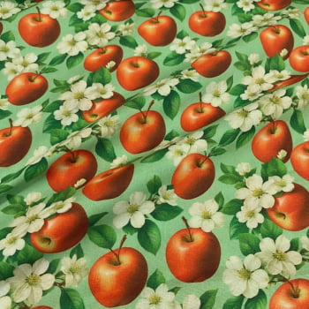 Tecido Tricoline Digital Flores e Maçãs Fundo Verde