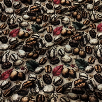 Tecido Tricoline Digital Folhas e Grãos de Café Coleção Café com Canela Tecido Tricoline Digital Folhas e Grãos de Café Coleção Café com Canela