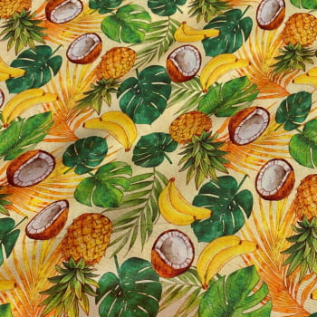 Tecido Tricoline Digital Frutas Tropicais Amarelas Fundo Off White