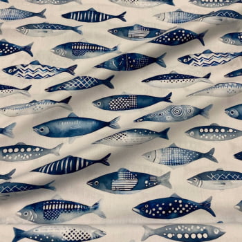 Tecido Tricoline Digital Grandes Sardinhas Azul e Branco