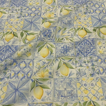 Tecido Tricoline Digital Ladrilhos e Limão Siciliano Delicado Coleção Amalfi