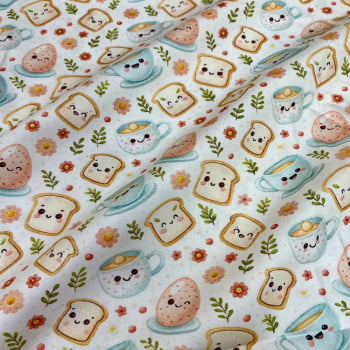 Tecido Tricoline Digital Lanche da Tarde Kawaii
