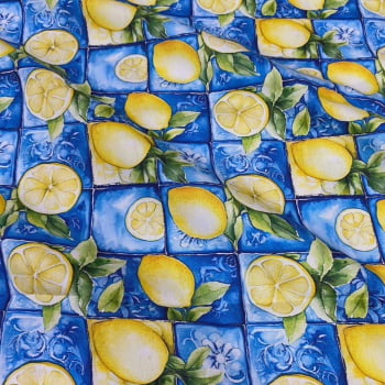 Tecido Tricoline Digital Limão Siciliano em Azulejos Azul Coleção Lemon Tecido Tricoline Digital Limão Siciliano em Azulejos Azul Coleção Lemon