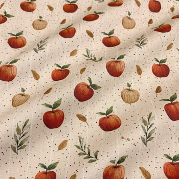 Tecido Tricoline Digital Maçãs e Folhas Fundo Bege Apple Cinnamon