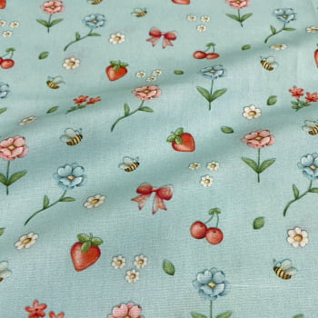 Tecido Tricoline Digital Moranguinhos Cerejas e Flores Fundo Azul Coleção Frutas Vermelhas