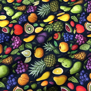Tecido Tricoline Digital Salada de Frutas Colorida Fundo Preto
